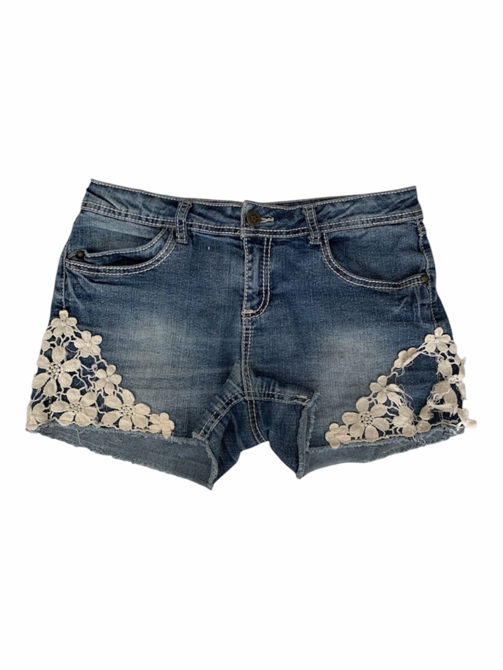 Imperial Star Jean Shorts Girl 16 Blue Denim Crochet Floral Lace Adjustable Wais